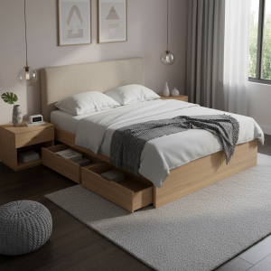 Contemporary Storage Bed with Upholstered Headboard