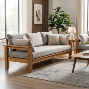 Modern Wooden Sofa Set with Plush Cushions